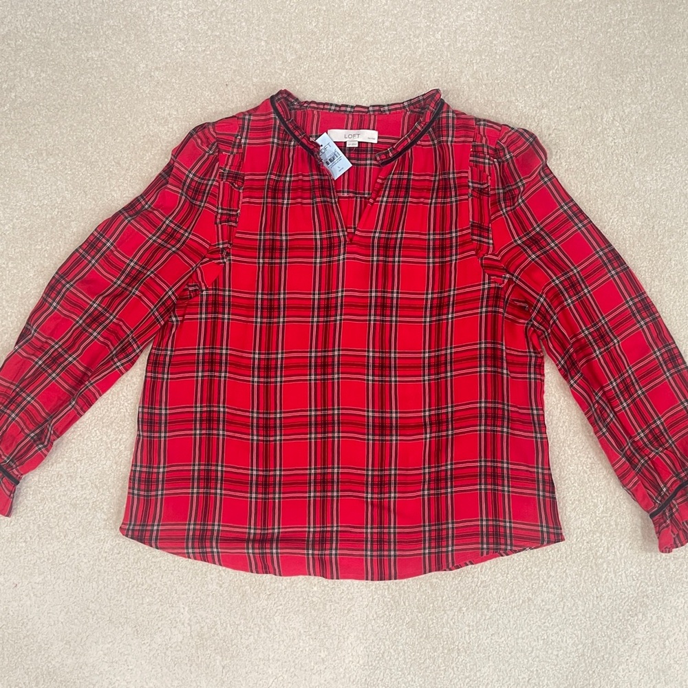 LOFT Large Petite Christmas plaid long sleeve top